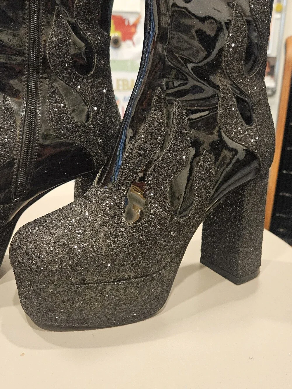 Dolls KILL Black Glitter Patent Platform Glitter Flame Boots